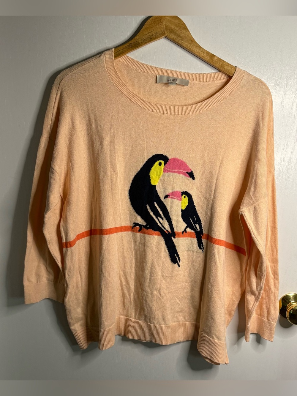 LOFT Sz L Peach Toucan Bird Graphic Knit Pullover Cotton Sweater Resort Tropical